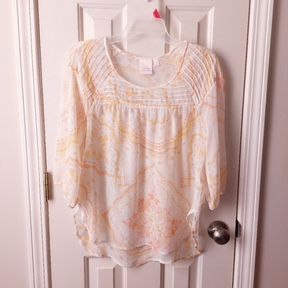 Lauren Conrad - Pintuck Peasant Boho Sheer Top Peach & White "Maribella Tile" - Picture 1 of 6